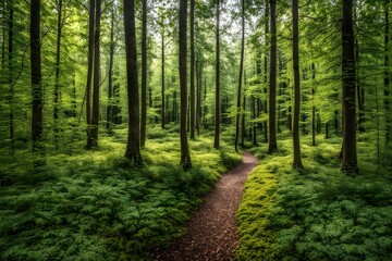 Obraz premium A forest with summer greenery on one side and the first hints of autumn colors, AI Generated