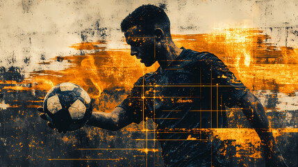Soccer player is holding a ball with an abstract grunge design