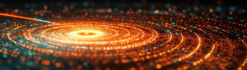Abstract digital art depicting vibrant circular patterns with glowing orange and blue elements, representing energy and motion.