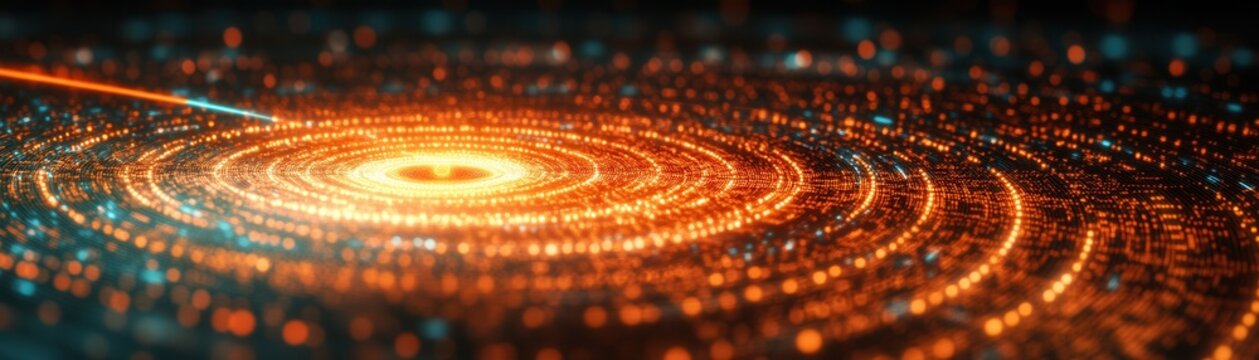 Abstract digital art depicting vibrant circular patterns with glowing orange and blue elements, representing energy and motion.