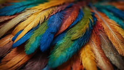 Obraz premium Close-up of colorful feathers in warm and cool tones.