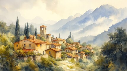 Watercolor landscape of a foggy morning in a countryside village, with soft light and muted colors blending perfectly.