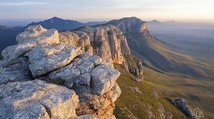 Obraz premium Vast mountain range with sun rising over rugged cliffs, soft light casting shadows, peaceful and inspiring landscape