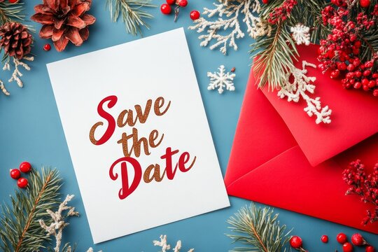 Festive save the date card surrounded by holiday decorations and a red envelope on a blue background - Powered by Adobe