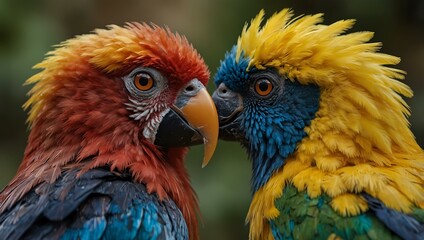 Close-up of two colorful birds facing each other, detailed feathers.