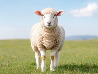 Obraz premium A fluffy lamb stands in a green field under a clear blue sky, showcasing its adorable features and lively environment.