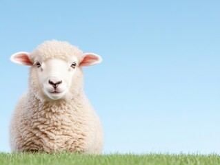 Obraz premium A fluffy sheep sits calmly in green grass against a clear blue sky, showcasing its soft coat and gentle demeanor.