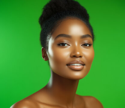Green Screen Beautiful Black Model African Natural Curly 4c Hair Glowing Clear Brown Skin Model