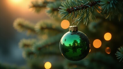 Vintage and minimalist Christmas ornaments. A shiny green ornament hangs on a fir tree, reflecting a cozy winter scene. Soft, warm lights create a festive and tranquil ambiance in the background.