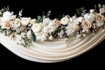 Elegant floral arrangement draped with soft fabric for wedding decorations in a stylish setting