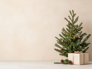 A small Christmas tree adorned with ornaments sits next to a neatly wrapped gift on a light, neutral background.