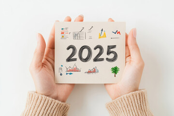 A person holds a card featuring the year 2025, surrounded by various illustrations related to growth, planning, and nature.