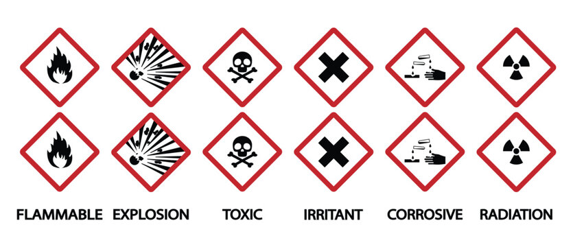 Hazardous materials signs icon. Global Harmonized System warning sign. Hazmat isolated placard. Icons of flammable, explosive, toxic, irritating, corrosive, and radiation materials, vector icon set.