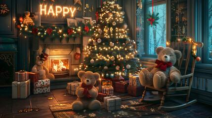 Naklejka premium cute Christmas tree, sitting on the rocking chair in front of the fireplace with lots of gifts under it and big colorful next to the decorated living room wall with warm lighting