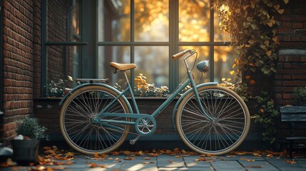 Obraz premium 3D ultra-HD rendering of a vintage bicycle leaning against a brick wall, with sharp, elongated shadows from a streetlight.