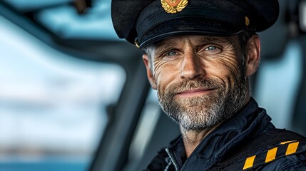 Obraz premium Close up portrait of an experienced pilot wearing a uniform and cap smiling confidently after safely landing an aircraft blurred cockpit windows visible in the background