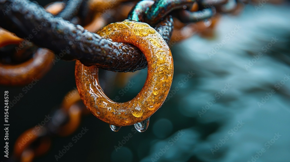 Poster a single link in a chain with water droplets