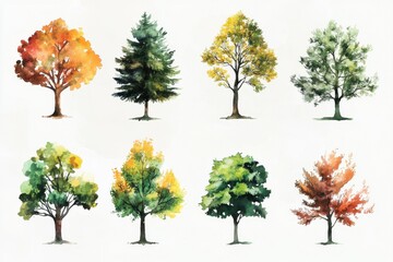 Fototapeta premium Watercolor set featuring various trees. Collection of art illustrating different trees. Selection of forest tree graphics