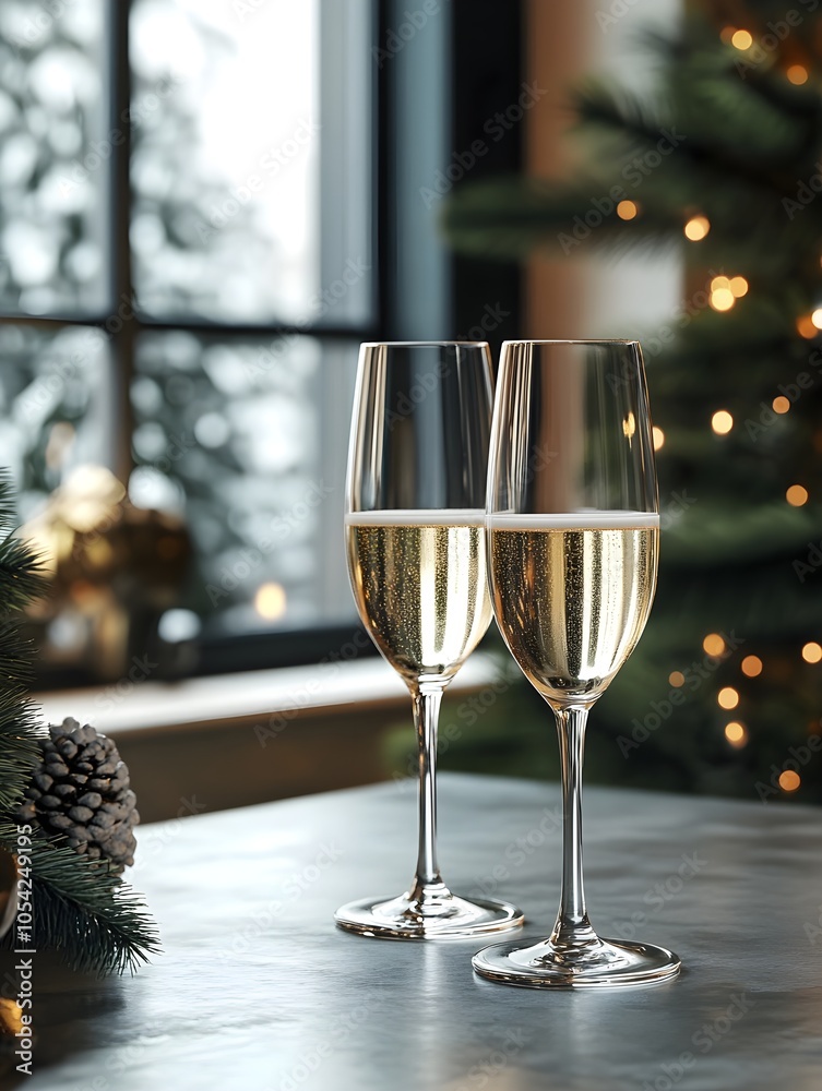 Wall mural a table adorned with glasses of champagne and christmas decorations