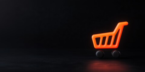 Simple 3d icon of vivid orange shopping cart at wide black banner with copy space. Customer basket background concept for sale or discount announcement, perfect for world shopping day or cyber monday.