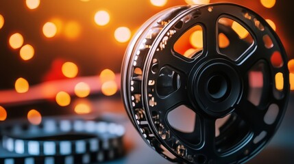 A close-up of a film reel and a film strip with a bokeh background, symbolizing cinema and filmmaking.