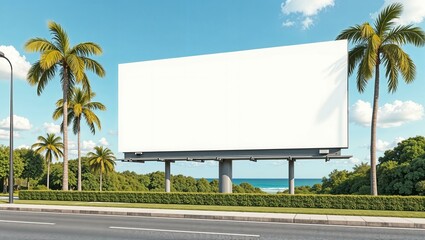 White billboard near the road, tropical setting, palm trees, clean and minimalist design, large and empty, ready for custom text or graphics. horizontal advertisement mockup