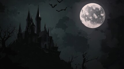 Fototapeta premium Dark Castle Silhouette Under Full Moon