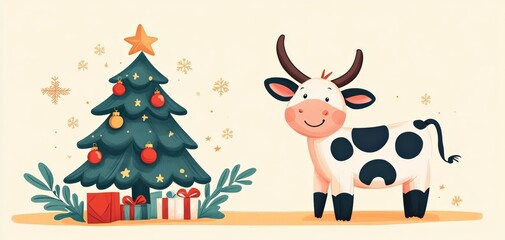 Fototapeta premium A cheerful cartoon cow stands beside a decorated Christmas tree with gifts, embodying festive spirit