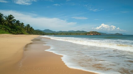 Obraz premium Serene Sandy Beach with Gentle Waves and Clear Sky