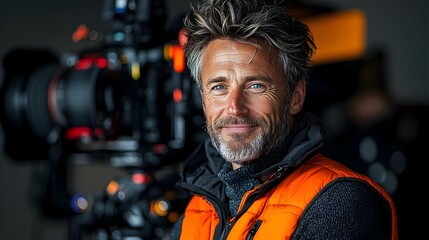 Closeup portrait of a smiling experienced photographer in a slightly wrinkled casual vest standing amidst blurred equipment in the background after an event or shoot