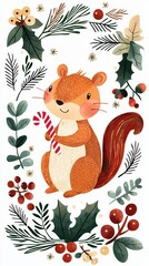 Obraz premium A delightful squirrel with a candy cane stands amidst festive greenery and red berries, showcasing a playful spirit