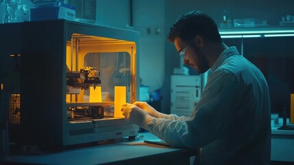 Worker Using 3D Printer in Engaging Laboratory Setup