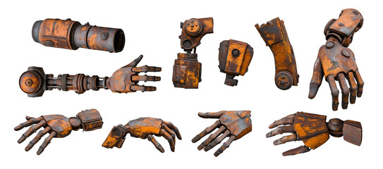 Old and rusty robot arm and hand parts.