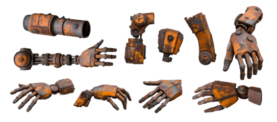 Old and rusty robot arm and hand parts.