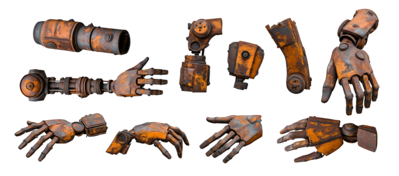 Old and rusty robot arm and hand parts.