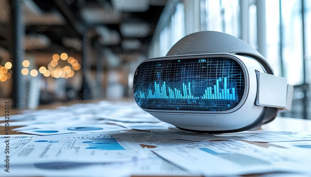 Aufkleber Virtual Reality Headset Displaying Financial Data on a Desk with Spreadsheets