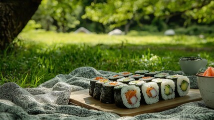 Outdoor Picnic Scene with Sushi Rolls on a Sunny Day
