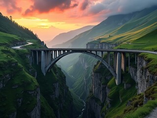 Fototapeta premium Dramatic Mountain Bridge at Sunset with Deep Valley and Lush Green Hills, Landscape Photo