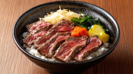 Fototapeta premium Delicious Beef Bowl with Colorful Vegetables and Rice