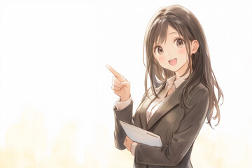 会社の概要を指差ししながらプレゼンしている女の子
