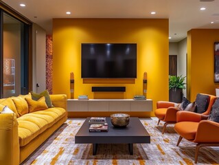 Family room with mustard walls, bold lighting, and sharp-edged contemporary furniture for a chic, modern look