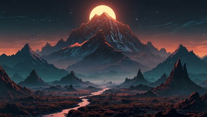 Futuristic alien landscape with towering mountains in 2D style.