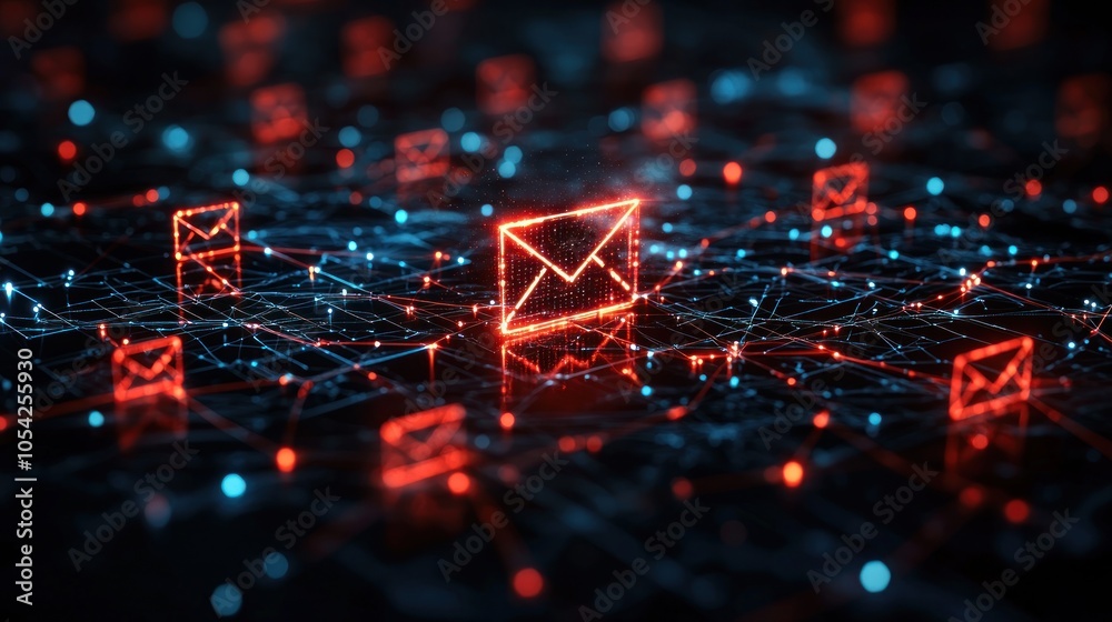 Poster abstract network of glowing email icons connected by lines