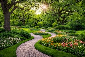 Obraz premium A winding path through a park as spring flowers give way to lush green summer foliage, AI Generated