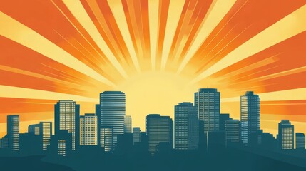 Fototapeta premium A vibrant city skyline at sunrise, showcasing tall buildings against a radiant backdrop.