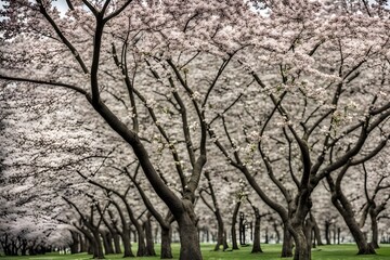 Fototapeta premium Cherry blossom trees losing their petals while green leaves start to sprout, Ai Generated