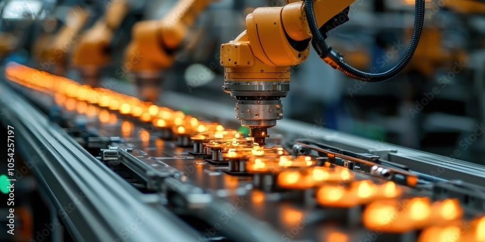 Poster robotic arm assembling components on a conveyor belt