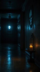 Fototapeta premium Glowing skull mask in a dark hallway, spooky Halloween vibe