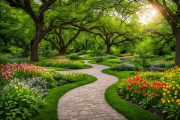 Naklejka premium A winding path through a park as spring flowers give way to lush green summer foliage, AI Generated