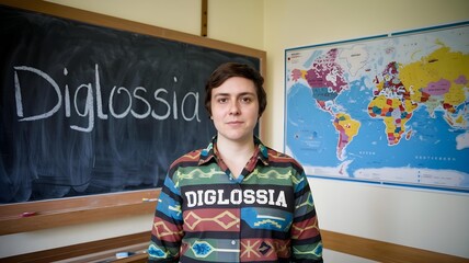 "Educational scene showing a classroom with the word 'Diglossia' written on a blackboard. The person is wearing a geometric patterned shirt with the word 'Diglossia'